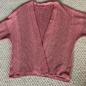 Pink Salmon Crochet Short Sleeve Open Front Cardigan L